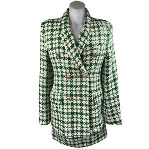 Zara Green Tweed Plaid Check Double Breasted Blazer & Mini Skirt Suit Set S/XS